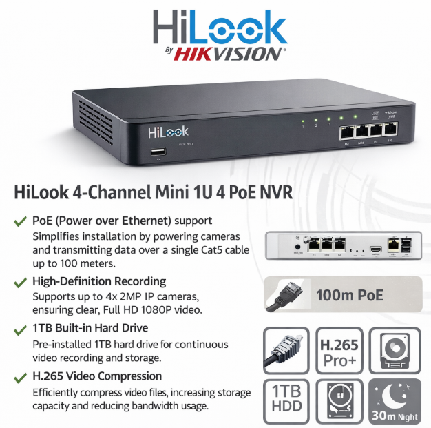 HiLook by Hikvision 2MP IP Camera Kit – 4-Channel NVR with PoE - Free Basic Installation*