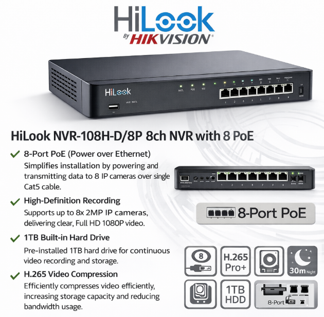 HiLook by Hikvision 2MP IP Camera Kit – 8-Channel NVR with PoE - Free Basic Installation*